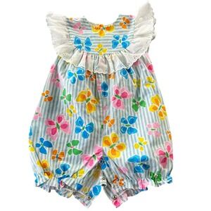 Vintage Jo Lene Baby Girl Butterfly Romper Blue Striped Eyelet Lace 12M Kidcore